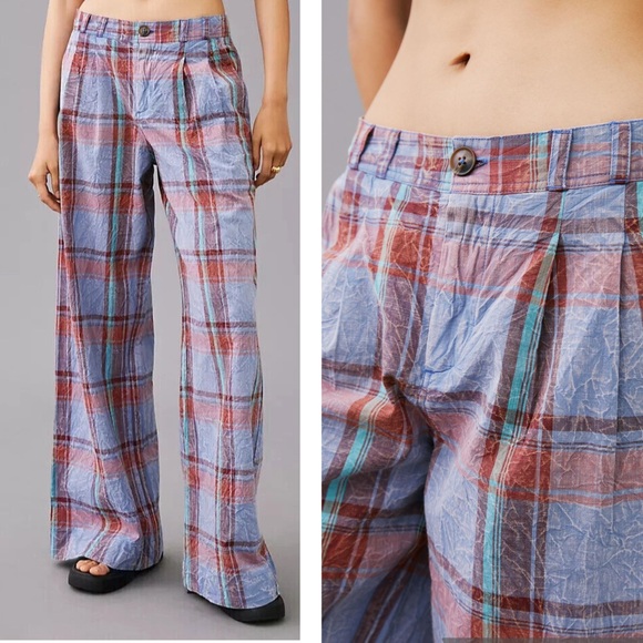 Anthropologie Pants - Anthropologie Plaid Crinkled Pleated Front High Rise Wide Leg Trousers Size 4